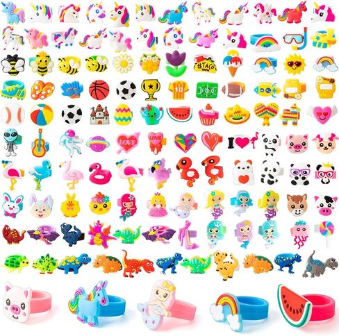Highergo Dinosaur Unicorn Rubber Rings for Kids Girls Rainbow Animal Kids Rings Unicorn Cupcake Jewelry for Little Girl Christmas Gifts Zoo Football Birthday Party Supplies Dress up in Saudi Arabia