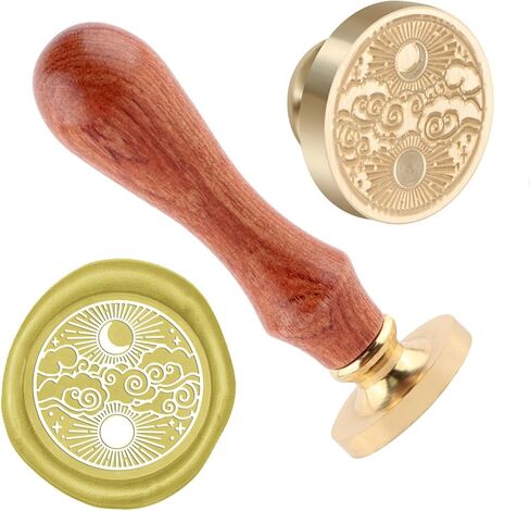 Sun and Moon Wax Seal Stamp Copper 25mm Vintage Detachable Sealing Stamp Brass and A Wood Handle Pattern Stamp Head Letter Invitation Card Wedding Gift Package Holidays in Saudi Arabia
