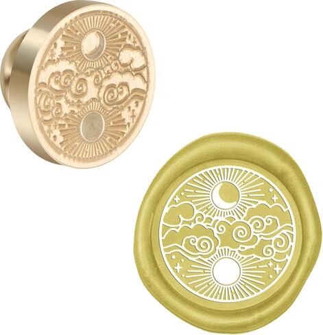 Sun and Moon Wax Seal Stamp Copper 25mm Vintage Detachable Sealing Stamp Brass and A Wood Handle Pattern Stamp Head Letter Invitation Card Wedding Gift Package Holidays in Saudi Arabia