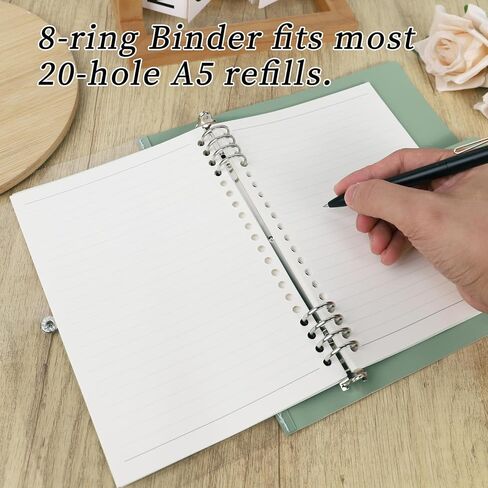 Koqye A5 Refillable Planner Binder Notebook 8 Ring, Green Faux Leather Clear Cover with 20-Hole 60 Sheets Lined Paper, Aesthetic Loose Leaf Binder for Budget, Journal in Kuwait