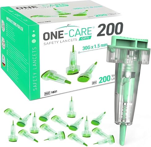 200 Count: ONE-CARE Opti Safety Lancets, Top Button Activated, 30G x 1.5mm, Auto-Retractable, Sterile, Single Use, Ideal for Blood Testing, Ultra-Thin for Comfort in Kuwait