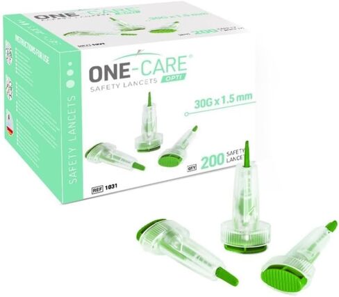 200 Count: ONE-CARE Opti Safety Lancets, Top Button Activated, 30G x 1.5mm, Auto-Retractable, Sterile, Single Use, Ideal for Blood Testing, Ultra-Thin for Comfort in Kuwait