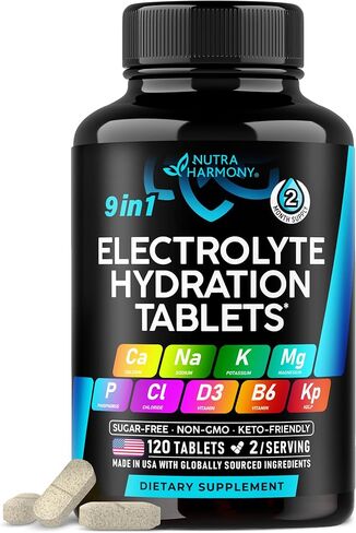 Electrolytes - Electrolyte Tablets with Magnesium, Sodium, Potassium, Chloride, Vitamins D3 & B6, Kelp Powder - Salt Pills - Made in USA - Oral Tablets as Capsules - Vegan & Keto Friendly - 120 Tabs in Kuwait