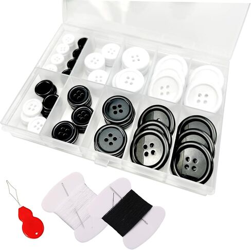 100Pcs Black Sewing Buttons,4-Hole Craft Buttons, 5 Sizes,with Compartment Storage Box, Suitable for Sewing,Suit Coat Shirt Buttons，DIY Decoration (Black) in Kuwait