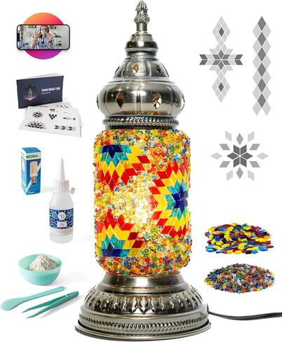 KRAFTSTORIES طقم مصابيح الفسيفساء التركية DIY - اصنع مصباح الطاولة الزجاجي الملون الخاص بك | مجموعة الفنون والحرف اليدوية للبالغين | فكرة هدية فريدة من نوعها بوهو مغربي، تشمل جميع المواد (أزرق) in Kuwait