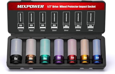 MIXPOWER 7 قطع 1/2 بوصة مقبس الصدمات الواقي لعجلة القيادة، مجموعة مقبس الصدمات العميق للجدار الرقيق، مقبس صامولة بلاستيكي متين، 6 نقاط، متري، مرمز بالألوان، 17 مم، 19 مم، 21 مم، 22 مم، 23 مم، 24 مم، 27 مم in Kuwait