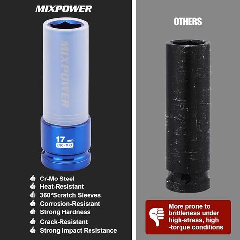 MIXPOWER 7 قطع 1/2 بوصة مقبس الصدمات الواقي لعجلة القيادة، مجموعة مقبس الصدمات العميق للجدار الرقيق، مقبس صامولة بلاستيكي متين، 6 نقاط، متري، مرمز بالألوان، 17 مم، 19 مم، 21 مم، 22 مم، 23 مم، 24 مم، 27 مم in Kuwait
