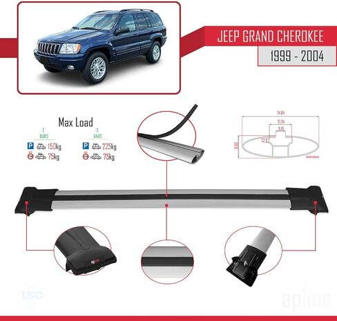 Compatible with Jeep Grand Cherokee 2 (WJ) 1999-2004 Fly Model Car Roof Rack Cross Bar Grey Aluminium 2 Bars in Saudi Arabia