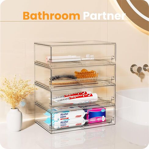 2 حزمة من أدراج التخزين الشفافة القابلة للتكديس، منظم مكياج الحمام الأكريليكي بطول 30.48 سم، صناديق تخزين بلاستيكية للزينة، المغسلة السفلية، خزائن المطبخ، حجرة المؤن، التنظيم المنزلي والتخزين in Kuwait