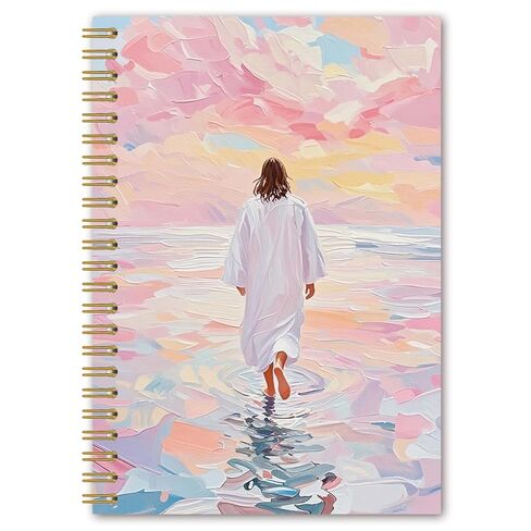 BEHIFL Pink Jesus Walking On Water Spiral Notebook - دفتر يوميات المنقذ الديني للمسيحي يسوع للنساء، دفتر ملاحظات الكنيسة، 5.5 × 8.3 بوصة in Saudi Arabia