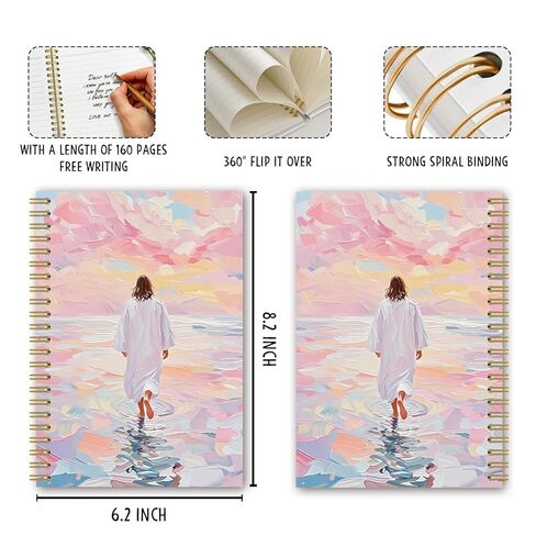BEHIFL Pink Jesus Walking On Water Spiral Notebook - دفتر يوميات المنقذ الديني للمسيحي يسوع للنساء، دفتر ملاحظات الكنيسة، 5.5 × 8.3 بوصة in Saudi Arabia