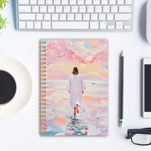 BEHIFL Pink Jesus Walking On Water Spiral Notebook - دفتر يوميات المنقذ الديني للمسيحي يسوع للنساء، دفتر ملاحظات الكنيسة، 5.5 × 8.3 بوصة in Saudi Arabia