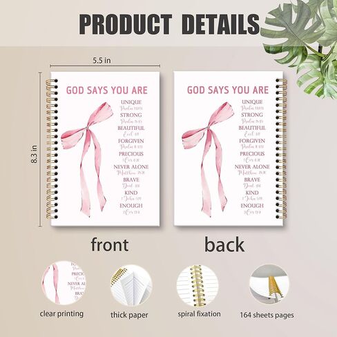 مجلة دفتر الملاحظات المسيحية الملهمة من Pink Bow، Coquette God يقول أنك دفتر ملاحظات حلزوني، دفاتر يوميات الصلاة Preppy للنساء، هدايا اللوازم المدرسية لمكتب الكتاب المقدس الوردي، 5.5x8.3 بوصة in Kuwait