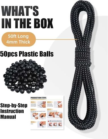 30Pcs DIY Ball Bungee Cord Kit – Customizable Length of Bungee Cords with Balls for Tarps, Tent, Cargo and Outdoor Use (50ft Cord + 50pcs Balls) (Black and White) in Saudi Arabia