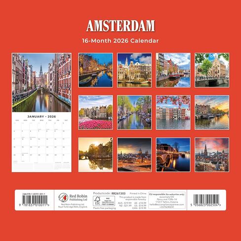 Red Robin 2026 Amsterdam Monthly Wall Calendar | 12" x 24" Open | Premium Thick & Sturdy Paper | Hangable 12 Month Calendar | Lined Notes & To Do Area | Vivid Images | Plastic Free in Saudi Arabia