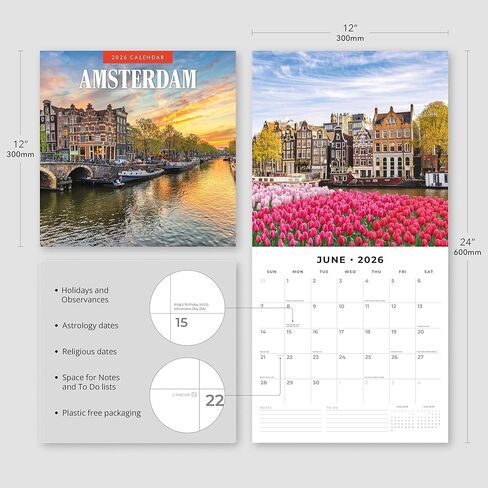 Red Robin 2026 Amsterdam Monthly Wall Calendar | 12" x 24" Open | Premium Thick & Sturdy Paper | Hangable 12 Month Calendar | Lined Notes & To Do Area | Vivid Images | Plastic Free in Saudi Arabia
