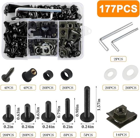 Motorcycle Fairing Bolt Kit, 177PCS Aluminium Alloy M5 M6 Motorbike Windscreen Washers Nuts Screws Fastener Clips Kit, Motorcycle Windshield Screw Set, Universal for Sportbike (Black) in Kuwait