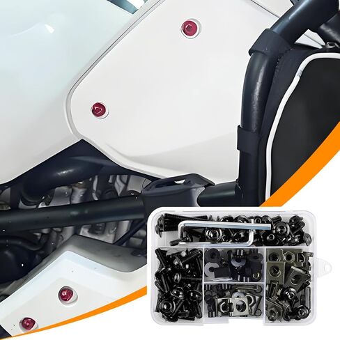 Motorcycle Fairing Bolt Kit, 177PCS Aluminium Alloy M5 M6 Motorbike Windscreen Washers Nuts Screws Fastener Clips Kit, Motorcycle Windshield Screw Set, Universal for Sportbike (Black) in Kuwait