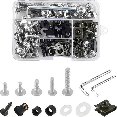 Motorcycle Fairing Bolt Kit, 177PCS Aluminium Alloy M5 M6 Motorbike Windscreen Washers Nuts Screws Fastener Clips Kit, Motorcycle Windshield Screw Set, Universal for Sportbike (Black) in Kuwait