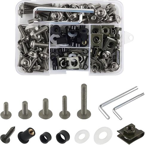 Motorcycle Fairing Bolt Kit, 177PCS Aluminium Alloy M5 M6 Motorbike Windscreen Washers Nuts Screws Fastener Clips Kit, Motorcycle Windshield Screw Set, Universal for Sportbike (Black) in Kuwait
