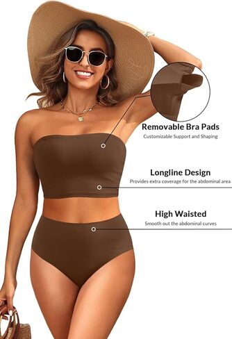 مجموعة بيكيني Tempt Me Women Bandeau بدون حمالات عالية الخصر مكونة من قطعتين ملابس سباحة طويلة in Saudi Arabia