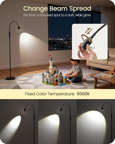 مصباح أرضي للقراءة، مصباح LED طويل 74.2 بوصة مع رقبة معقوفة مرنة 360 درجة وتحكم باللمس، 5000 كيلو 6 وات LED، قاعدة قوية، مصباح قائم للحرف اليدوية، للقراءة، غرفة المعيشة، أسود غير لامع B16LD05 in Kuwait