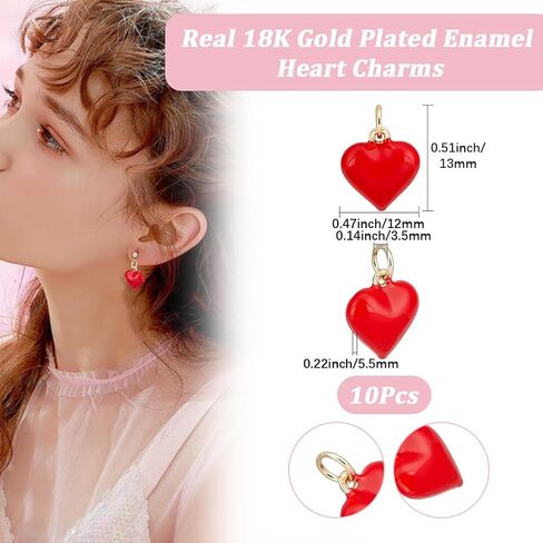 Beebeecraft 1 صندوق 10 قطع سحر القلب المينا 18 كيلو مطلية بالذهب الأحمر منتفخ 3D القلب الحب سحر لصنع المجوهرات القرط سوار قلادة عيد الحب in Saudi Arabia