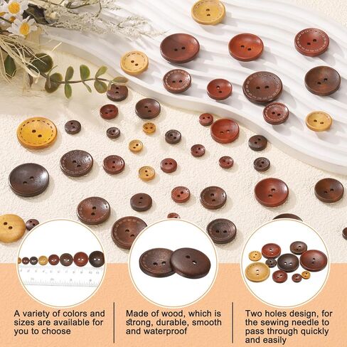 HARFINGTON 30pcs 24L Wooden Sewing Button 5/8"(15mm) 2 Holes Wood Round Craft Replacement Buttons for Sewing Clothing Pillow DIY Crafts Decoration, Medium Brown in Saudi Arabia