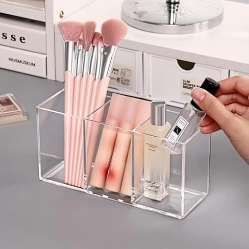 Acrylic Pencil Pen Holder 3 Compartment, Clear Pencil Cup Stationery Organizer for Desk in Saudi Arabia