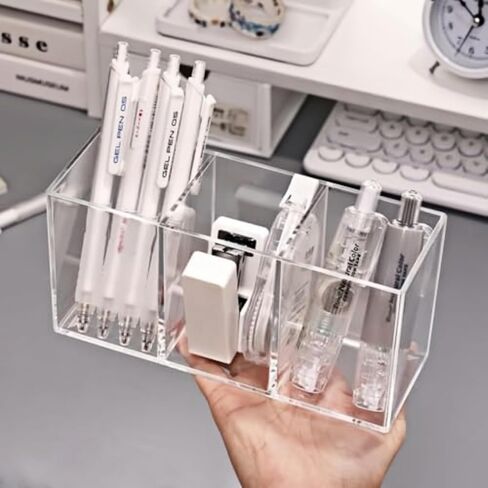 Acrylic Pencil Pen Holder 3 Compartment, Clear Pencil Cup Stationery Organizer for Desk in Saudi Arabia