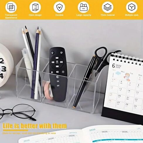 Acrylic Pencil Pen Holder 3 Compartment, Clear Pencil Cup Stationery Organizer for Desk in Saudi Arabia