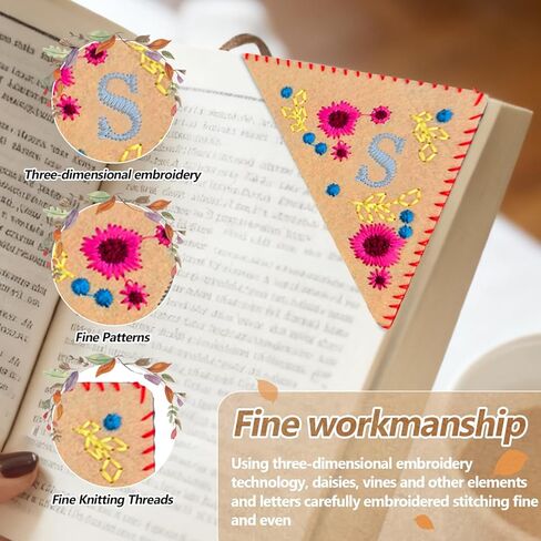 Embroidered Corner Bookmark Handmade Felt Triangle Page Marker Hand Stitched Floral Letter Embroidery Bookmarks for Book Lovers Gift in Saudi Arabia