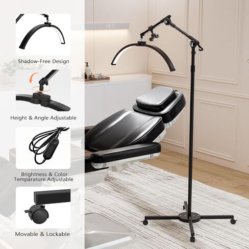 OmySalon Half Moon Light Lash Lamp, Shadowless LED Floor Lamp w/Adjustable Height & Phone Holder, Dimmable Lighting for Eyelash Extensions, Lash Tech, Nail Artist, Tattoo, Esthetician & Salon (Black) in Kuwait