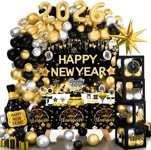 New Year Party Decorations 2026, Happy New Year's Eve Party Supplies Kit, 2026 Gold Black New Year Party Decor with Bckdrop Balloon Garland Tablecloth Balloon Boxes for 2026 Year Party in Saudi Arabia