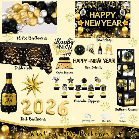 New Year Party Decorations 2026, Happy New Year's Eve Party Supplies Kit, 2026 Gold Black New Year Party Decor with Bckdrop Balloon Garland Tablecloth Balloon Boxes for 2026 Year Party in Saudi Arabia