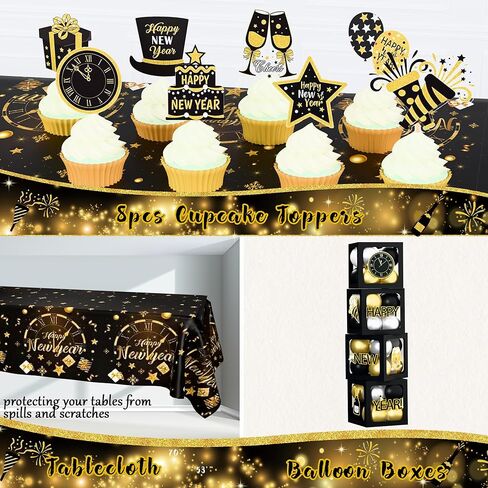 New Year Party Decorations 2026, Happy New Year's Eve Party Supplies Kit, 2026 Gold Black New Year Party Decor with Bckdrop Balloon Garland Tablecloth Balloon Boxes for 2026 Year Party in Saudi Arabia