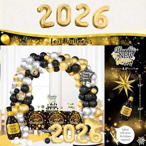 New Year Party Decorations 2026, Happy New Year's Eve Party Supplies Kit, 2026 Gold Black New Year Party Decor with Bckdrop Balloon Garland Tablecloth Balloon Boxes for 2026 Year Party in Saudi Arabia