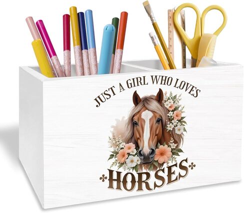 Rustic Floral Horse Pen Holder for Desk, Gifts for Horse Lovers Pencil Organizer, Just a Girl Who Loves Horses Wooden Box Sign Desk Decor for Home Office Decoration in Saudi Arabia