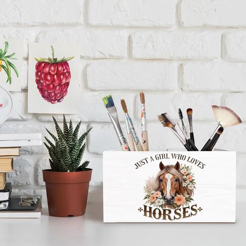 Rustic Floral Horse Pen Holder for Desk, Gifts for Horse Lovers Pencil Organizer, Just a Girl Who Loves Horses Wooden Box Sign Desk Decor for Home Office Decoration in Saudi Arabia