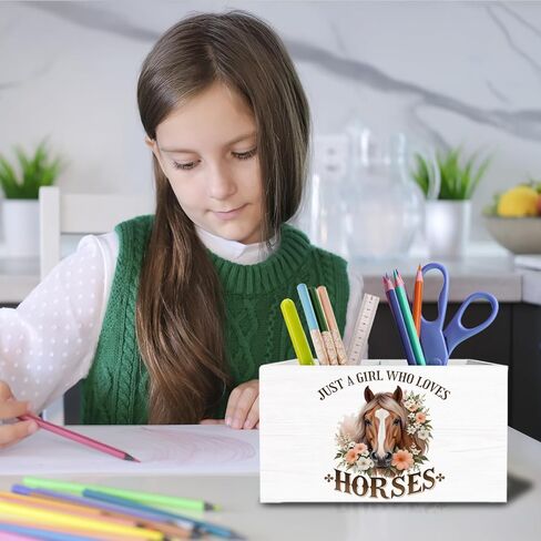 Rustic Floral Horse Pen Holder for Desk, Gifts for Horse Lovers Pencil Organizer, Just a Girl Who Loves Horses Wooden Box Sign Desk Decor for Home Office Decoration in Saudi Arabia