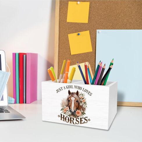 Rustic Floral Horse Pen Holder for Desk, Gifts for Horse Lovers Pencil Organizer, Just a Girl Who Loves Horses Wooden Box Sign Desk Decor for Home Office Decoration in Saudi Arabia