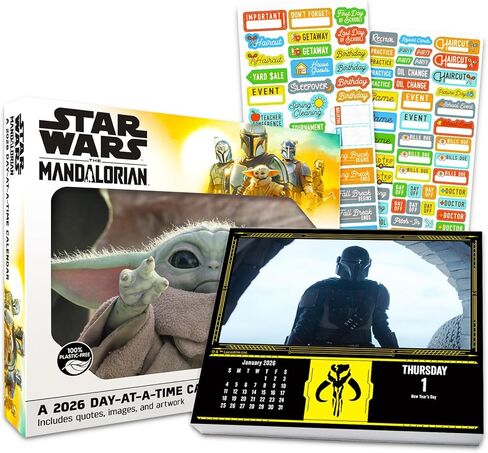 تقويم Star Wars Mandalorian 2026، حزمة إصدار الصندوق - تقويم فاخر 2026 Baby Yoda Grogu من يوم إلى يوم مع أكثر من 100 ملصق تذكير (هدايا Mandalorian، لوازم مكتبية) in Saudi Arabia