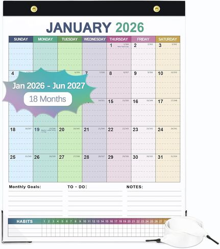 تقويم مكتب 2026-2027، تقويم 18 شهرًا من يناير 2026 إلى يونيو 2027، تقويم شهري لسطح المكتب/الجدار مقاس 11 بوصة × 14 بوصة مع واقيات الزوايا، ومساحة واسعة ومتتبع للعادة لمكتب المدرسة المنزلية in Saudi Arabia