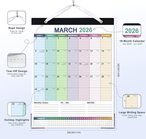 تقويم مكتب 2026-2027، تقويم 18 شهرًا من يناير 2026 إلى يونيو 2027، تقويم شهري لسطح المكتب/الجدار مقاس 11 بوصة × 14 بوصة مع واقيات الزوايا، ومساحة واسعة ومتتبع للعادة لمكتب المدرسة المنزلية in Saudi Arabia