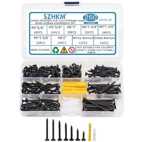 SZHKM Screws Drywall Screws Quality Black Steel #6 Sharp Point Self Tapping Screws with Anchors Black Steel Wood Screws Assortment Set, Machine Screws, 250PCS - for Drywall Sheetrock, Wood and More