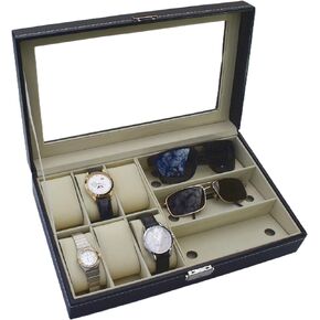Luxury Leather Watch & Sunglass Organizer Box, Watch Case Watch Holder Eyeglass Holder - 6 Slot Watch Display Case & 3 Compartment Eyeglass Case Elegant Champagne Velvet Interior Transparent Glass Top
