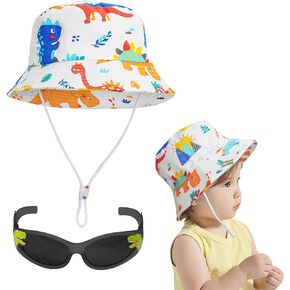 OPUHOHR Baby Sun Hat UPF 50+ Sun Protective Toddler Bucket Hat, Wide Brim Beach Bucket Cap with Dinosaur Sport Sunglasses