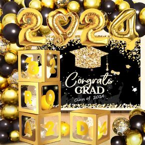 2024 Graduation Party Decorations-135pcs Graduation Decorations Class of 2024 Set-Graduation Balloon Boxes with Lighted Strings, Balloon Arch Garland Kit, 2024 Foil Balloons & Graduation Backdrop in Kuwait