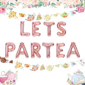 LaVenty 12 PCS LET'S PAR TEA Balloons Tea Party Birthday Banner Decorations Baby Shower First Birthday Decoration Flower Garland(180inch)