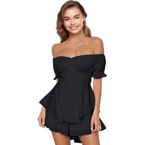 Off the Shoulder Rompers for Women Dressy Short/Long Sleeve Romper Ruffle Layer Back Tie Mini Short Jumpsuits